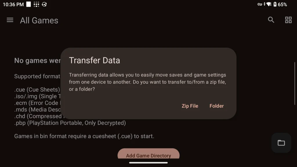 DuckStation Transfer Data dialog with Zip File or Folder
