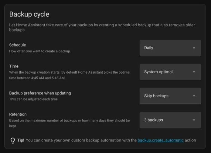 Home Assistant automatic backup settings with a daily schedule and 3 backups kept