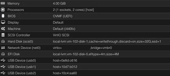Hardware view of the Home Assistant VM in Proxmox with OVMF (UEFI), EFI disk and scsi0