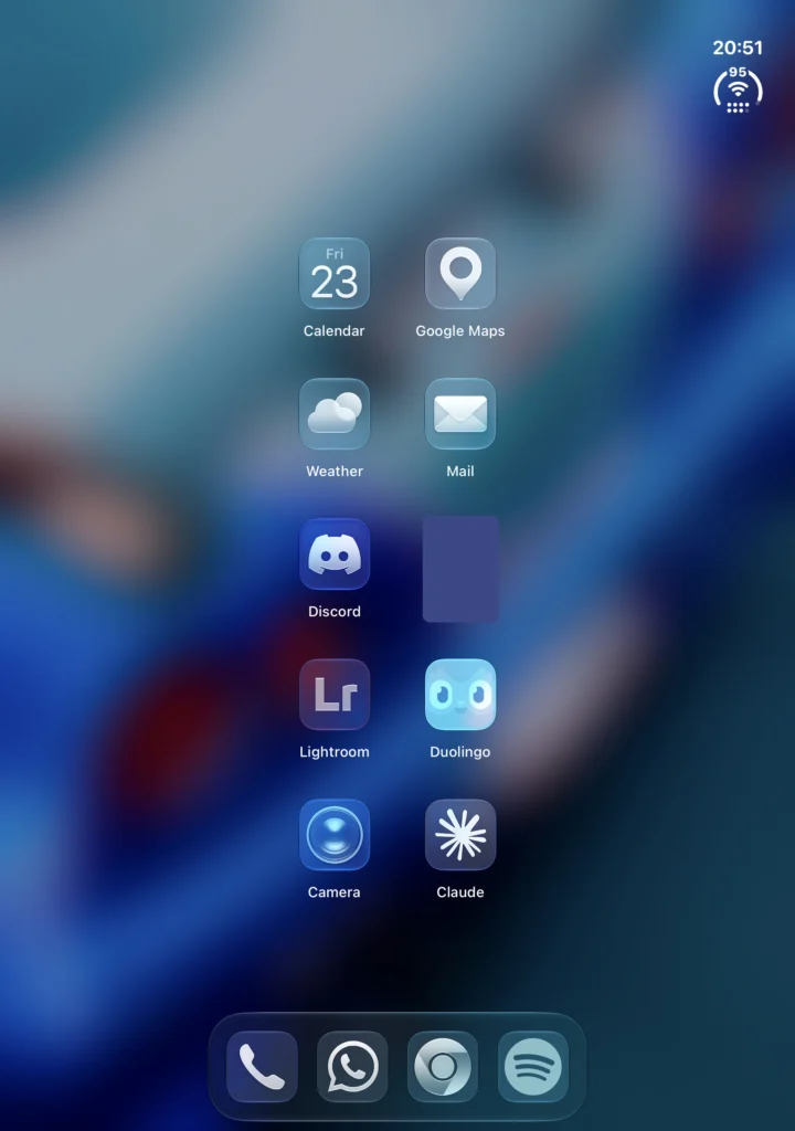 Unfolded iPhone Duo in portrait with app icons and the dock
