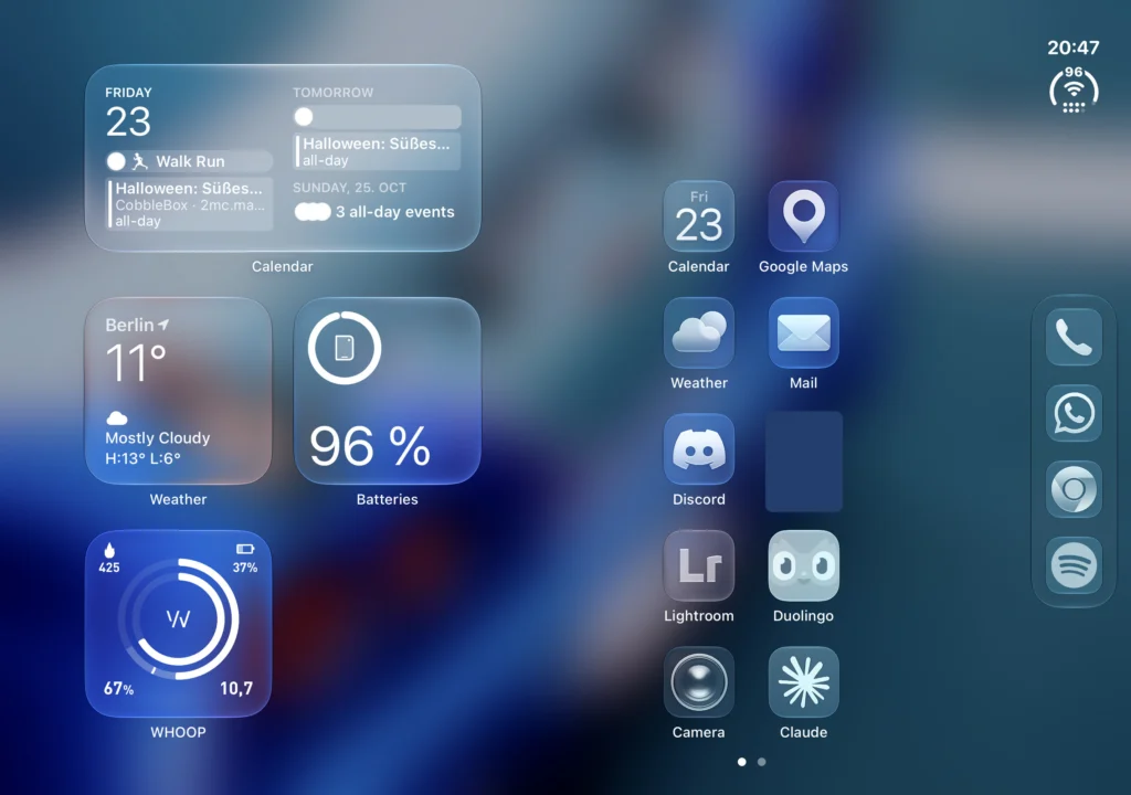Unfolded iPhone Duo: widgets on the left, apps on the right