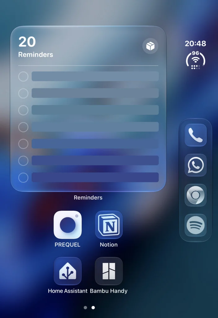 Second home screen page with the Reminders widget and apps like Home Assistant