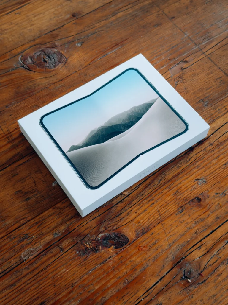 iPhone Duo box at an angle on the wooden table