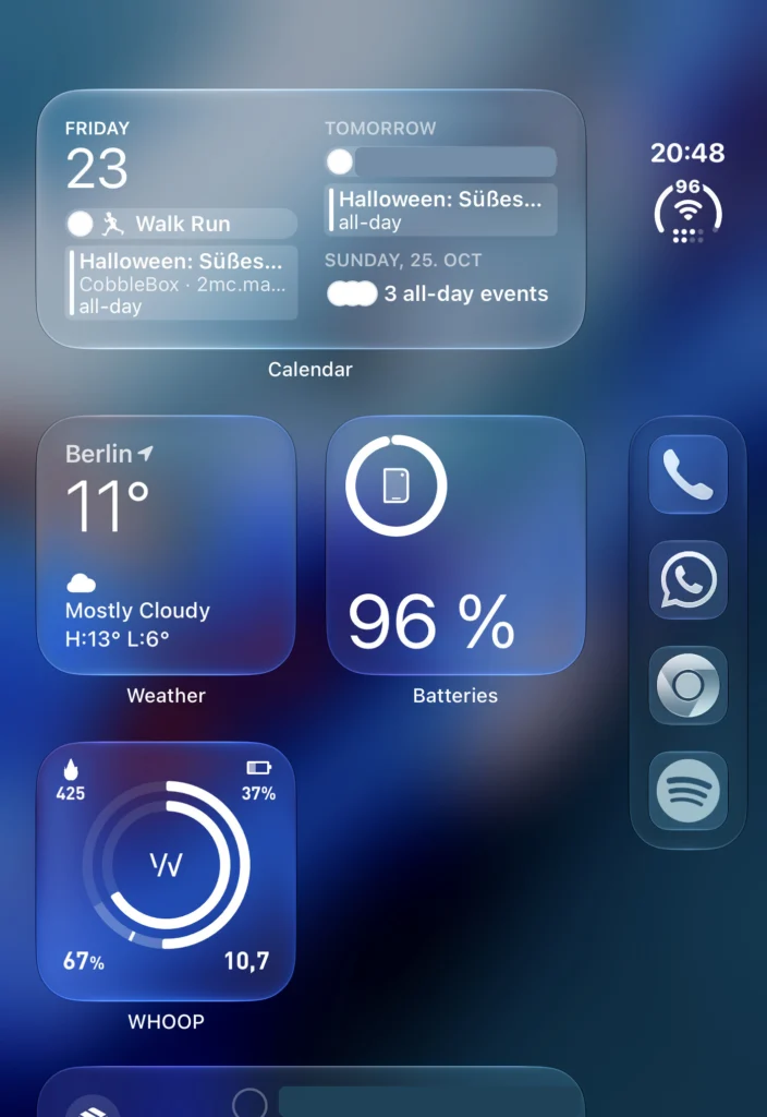 Home screen of the closed iPhone Duo with calendar, weather, batteries and WHOOP widgets