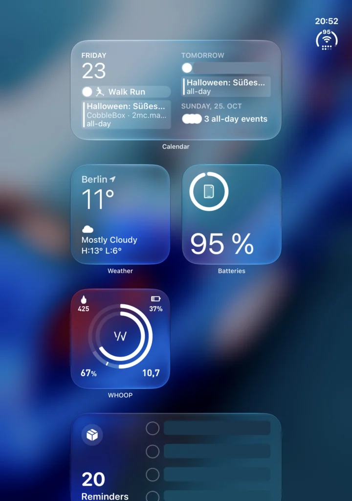 Unfolded iPhone Duo in portrait with calendar, weather, batteries and WHOOP widgets