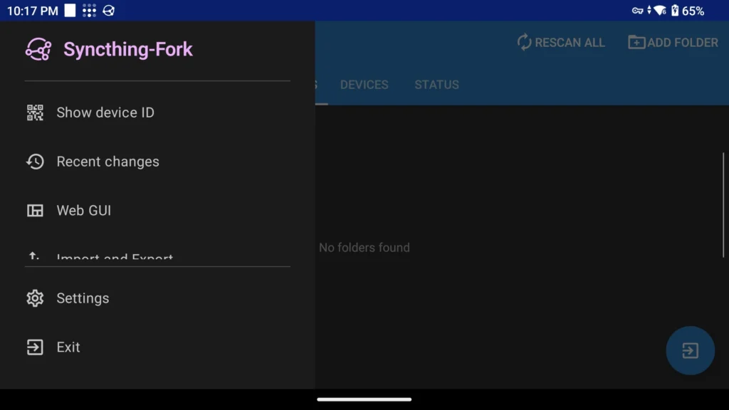Syncthing-Fork menu with Show device ID and Web GUI