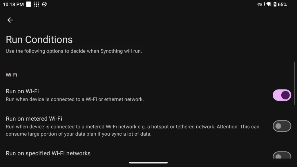 Syncthing-Fork settings: run conditions, runs on Wi-Fi only