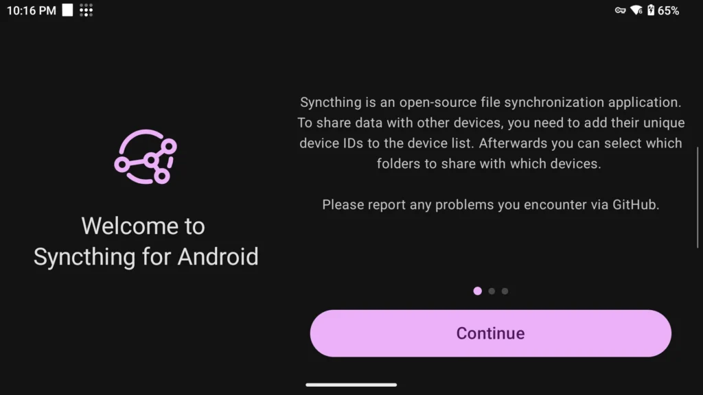 Syncthing-Fork on the handheld: welcome screen on first start