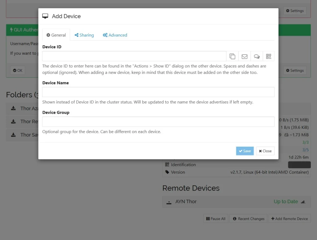 Syncthing web UI: Add Device dialog with the device ID field