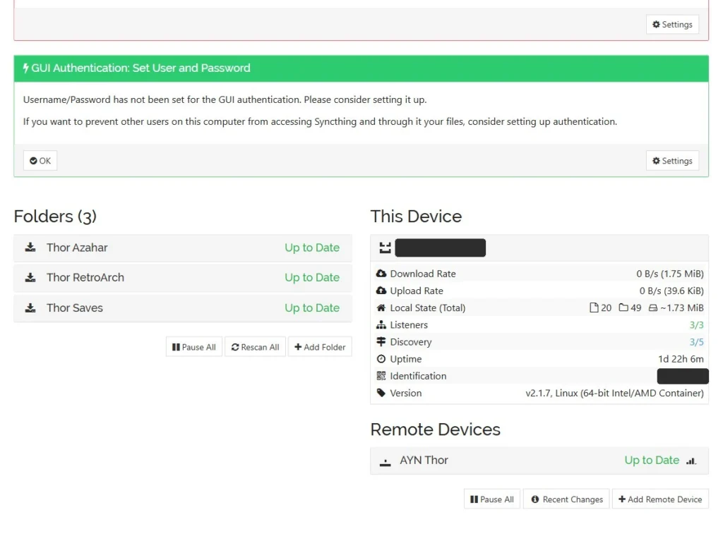 Syncthing web UI: three handheld folders, all Up to Date, handheld connected as a remote device