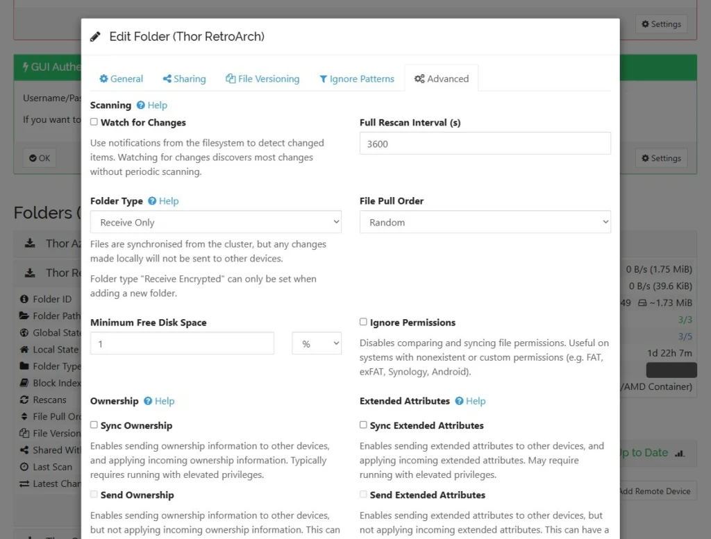 Syncthing Edit Folder, Advanced tab: folder type Receive Only
