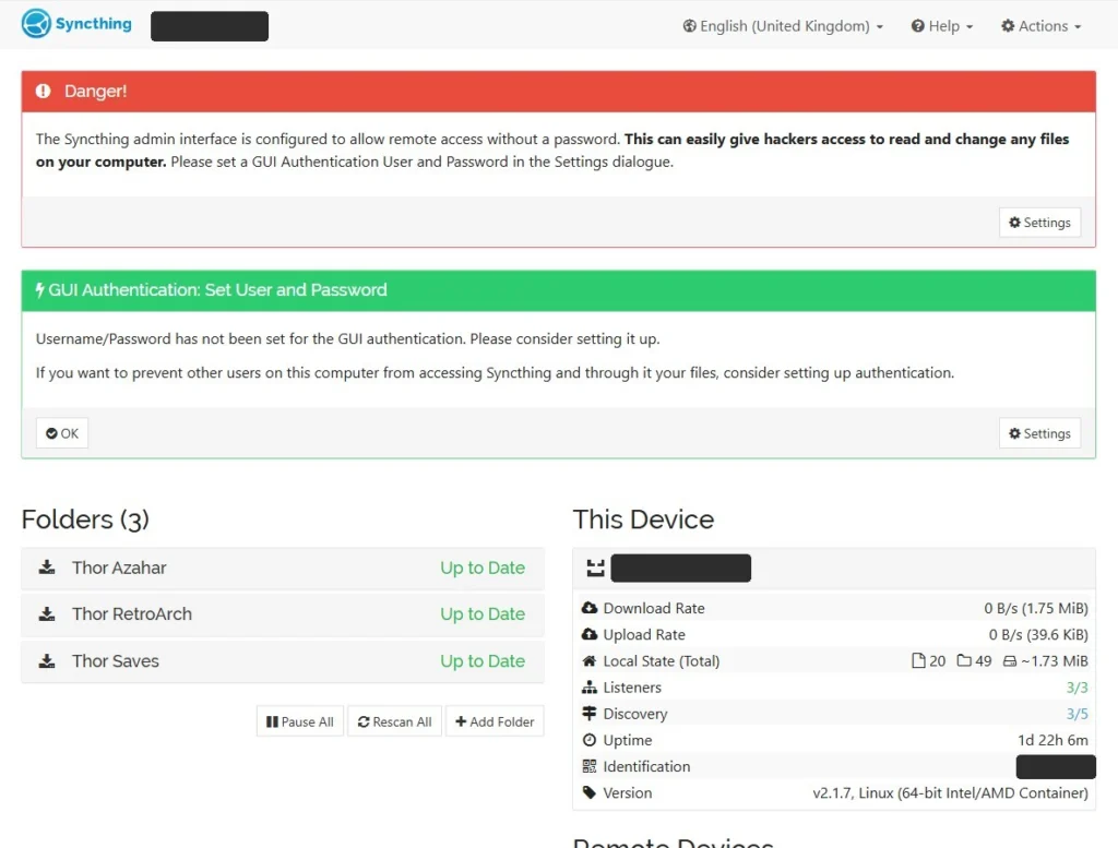Syncthing web UI on the server: start page warning that no password is set yet