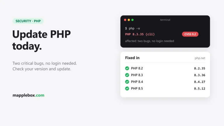 Terminal with php -v and list of fixed PHP versions