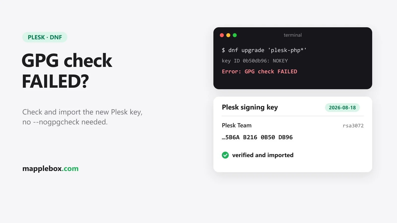 Terminal showing Error: GPG check FAILED and the verified Plesk signing key 5B6AB2160B50DB96